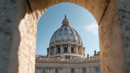 Precise keyhole framing Saint Peter's dome on Aventine Hill, revealing stunning Vatican City architectural panorama through historic Roman architectural element
