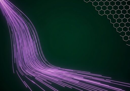 Dynamic glowing lines and hexagon pattern on a dark green background, perfect for tech designs - Powered by Adobe