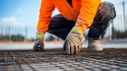 Construction worker positioning rebar grid, readying concrete foundation framework at industrial construction project site
