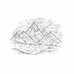 Line art illustration of a mountain range with swirling wind, trees, and small buildings in the foreground.