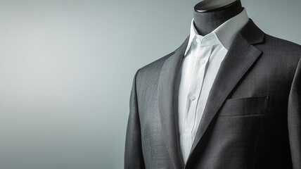 Refined gray suit, crisp white shirt adorning mannequin with upright collar, highlighting professional menswear elegance against neutral backdrop