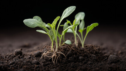 Close up of tender leaves and root stems of young vegetable plants emerging from rich, dark soil, symbolizing growth, new life, and the beauty of nature