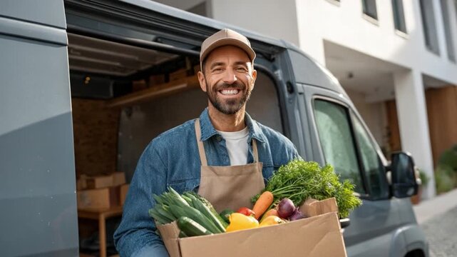 Fresh Delivery: A friendly delivery driver, apron-clad, beams as he presents a box brimming with farm-fresh groceries, signaling the ease of doorstep delivery.