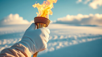 White gloved hand gripping flaming olympic torch against snowy mountain backdrop during Winter Olympics torch relay in Italy