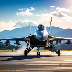 Fototapeta premium Modern fighter jet on runway, stunning scenery