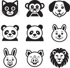 Fototapeta premium Collection of nine cute simple cartoon animal face icons including cat dog panda lion pig bunny monkey