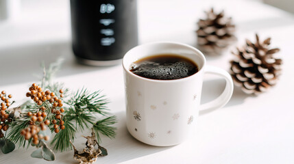 Ceramic mug keeping coffee warm, minimal winter holiday setting with soft seasonal touches, enjoying comfortable beverage moment