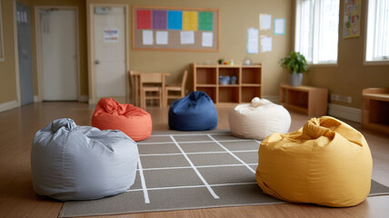 Colorful bean bag chairs scattered across playroom floor, creating inviting seating arrangement for young learners in bright, empty classroom setting