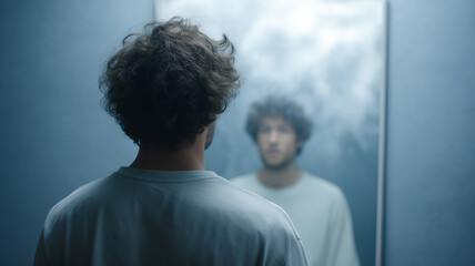 Surreal image of a young man looking at a smoky mirror reflecting a dream world, creating a mysterious and intriguing atmosphere
