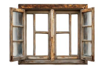 Old wooden window with open shutters isolated on transparent background