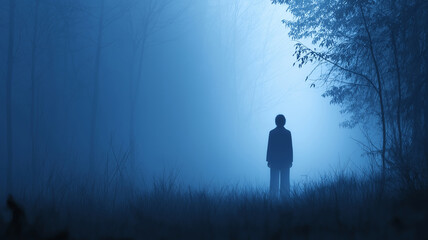 Silhouette of a person standing in a foggy forest at night, creating a suspenseful and mysterious atmosphere