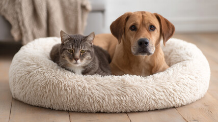 Furry companions nestling together in plush pet bed, blending rivalry and friendship within warm domestic setting
