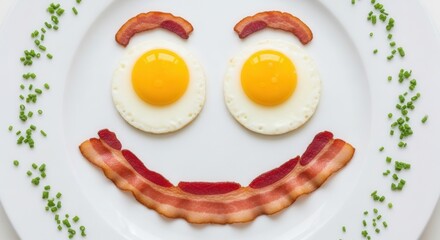 Breakfast plate with fried eggs and bacon arranged as a smiley face garnished with chives on a white dish