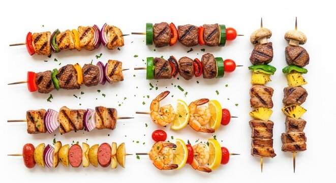 Assortment of grilled skewers with chicken beef shrimp sausage vegetables and fruits on a white background garnished with herbs