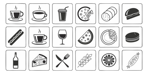 Generate an image that showcases a grid of black and white icons representing various food items and drinks, including cups of tea and coffee, soda, beer, wine glasses, different types of meals like b