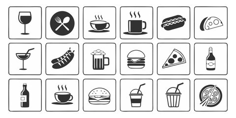 Generate an image that showcases a grid of black and white icons representing various food items and drinks, including cups of tea and coffee, soda, beer, wine glasses, different types of meals like b