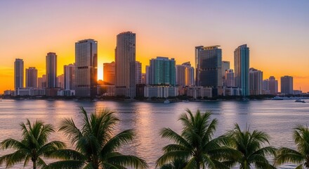 A panoramic view of a city skyline at sunset with numerous high-rise buildings reflecting warm light across calm water framed by palm fronds