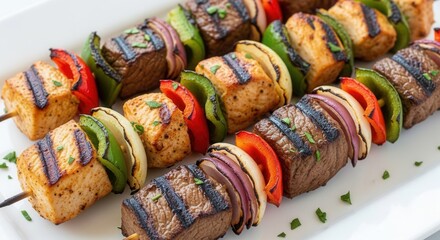 Grilled skewers featuring alternating pieces of meat fish red and green peppers and onions neatly arranged on a white platter garnished with herbs