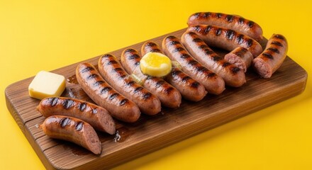 Grilled sausages with butter on a wooden board against a bright yellow background Some sausages are sliced revealing their interior