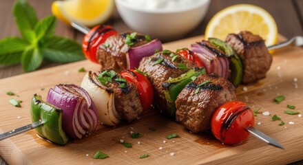 Grilled skewers featuring meatballs bell peppers and onions rest on a wooden board garnished with herbs next to lemon and mint