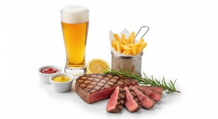 Grilled steak whole and sliced served with a glass of beer french fries lemon rosemary ketchup and mustard