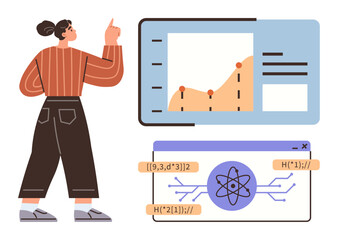Woman pointing at a data chart alongside a digital atomic model with coding elements. Ideal for analytics, science, research, programming, innovation, education, tech interface, simple flat metaphor