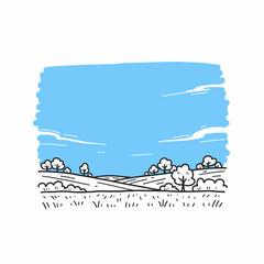 Serene hand-drawn landscape of rolling hills under a bright blue sky.