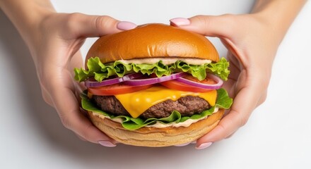 Hands hold a fresh burger with lettuce tomato onion cheese and a patty on a white background