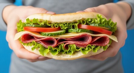Hands hold a fresh sandwich filled with lettuce cucumber tomato cheese and salami on a bun set against a blue and grey background
