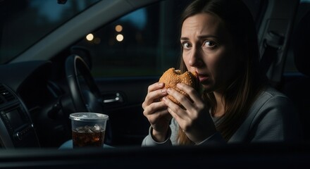 Person in a car at night holding a partially eaten burger and a cold drink looking forward with wide eyes