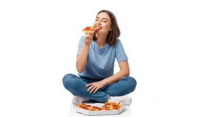 Person sits cross-legged happily eating a slice of pepperoni pizza with cheese stretching while a pizza box rests on the floor