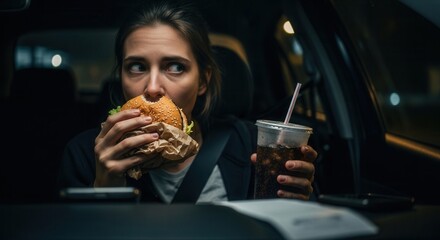 Person in a dimly lit car at night eating a burger wrapped in paper and holding a cold beverage They look to the side with objects on the dashboard