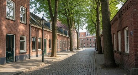 Fototapeta premium A quiet cobblestone street lined with traditional brick buildings and tall green trees on a sunny day