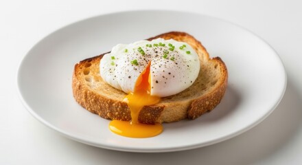Poached egg with runny yellow yolk topped with herbs and pepper on golden toasted bread centered on a plain white round plate