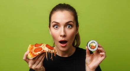 Person with wide eyes holds pizza slice and sushi roll displaying food choices on a green backdrop