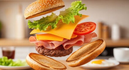 Sandwich ingredients including buns patty cheese lettuce ham and tomato float disassembled in a blurred kitchen setting