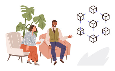 Two seated professionals in discussion, pointing at interconnected cubes representing a digital network. Ideal for business, blockchain, team brainstorming, innovation, technology, data