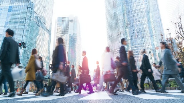Blurred Motion of Commuters Crossing City Street with Modern Architecture in Background
