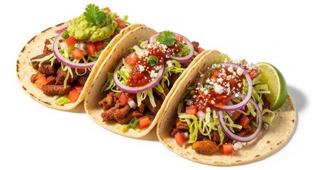 Three soft shell tacos filled with seasoned meat lettuce tomatoes red onions topped with guacamole salsa cheese cilantro and lime on white