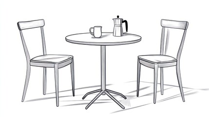 Simple illustration of a cafe table with chairs coffee pot and mug