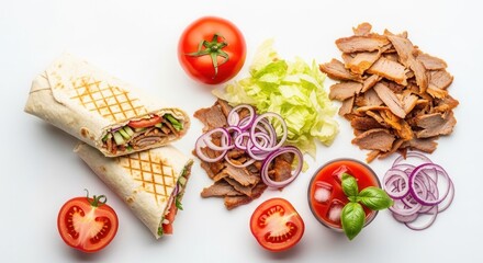 Two assembled wraps along with piles of sliced meat fresh tomatoes lettuce red onion and a glass of iced red juice on a white surface