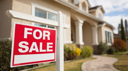 Obraz premium Real Estate For Sale Sign in Front of a House, Representing Homeownership and Property Investment