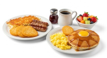 Two full breakfast plates feature hash browns sausages pancakes eggs Coffee fruit salad and syrup complete the spread on a white background