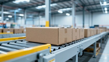 Naklejka premium Cardboard Boxes Transported on Conveyor Belt in a Distribution Warehouse for Logistics and Shipping Operations