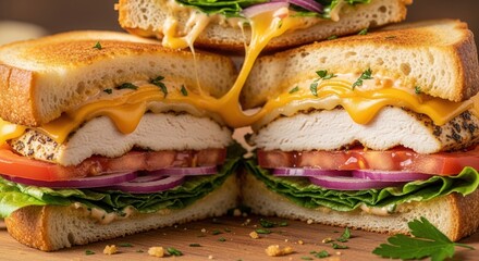 Two grilled sandwich halves featuring chicken melted cheese stretching lettuce tomato and red onion presented on a wooden surface