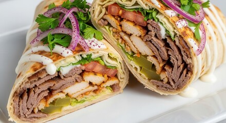 Two halves of a filled wrap with sliced meat chicken lettuce tomatoes pickles onions parsley and white sauce on a white plate