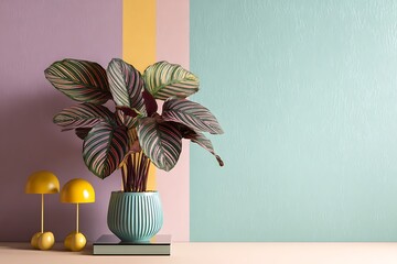 	A vibrant calathea plant with bold patterned leaves on a sleek glass side table, pastel toned wall behind with modern lamps 