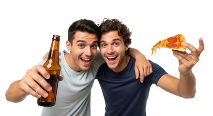 Two smiling young men one holding a beverage bottle the other a pepperoni pizza slice with melting cheese embrace on a white background