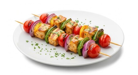 Two skewers featuring grilled protein cubes cherry tomatoes red onions and bell peppers on a white plate garnished with fresh herbs