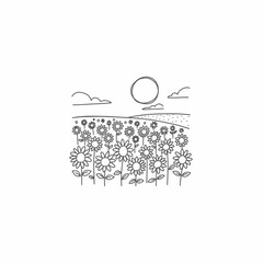 Simple line drawing depicts a field of sunflowers under a bright sun.